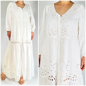 NWT Mango Women's Dress Maxi Eyeket Embroidery Size 10 White Long Sleeve